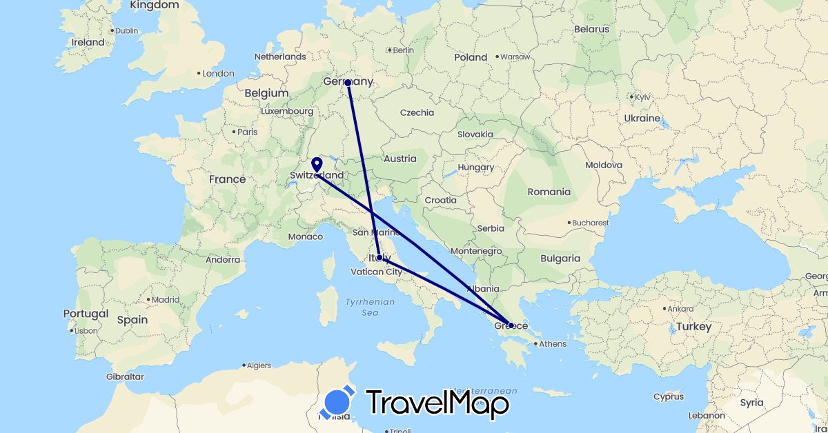 TravelMap itinerary: driving in Switzerland, Germany, Greece, Italy (Europe)