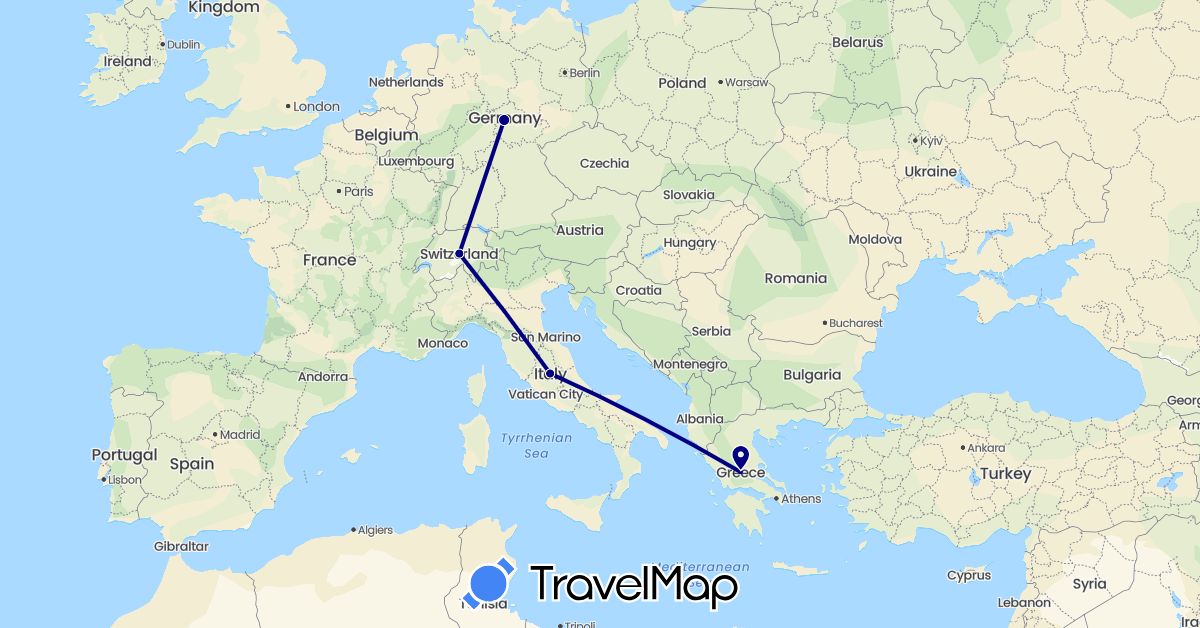 TravelMap itinerary: driving in Switzerland, Germany, Greece, Italy (Europe)
